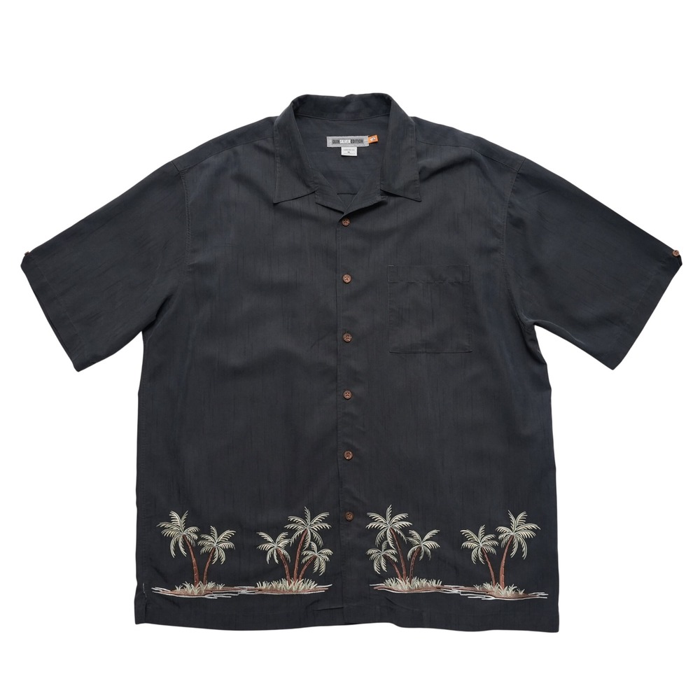 Quiksilver Edition Button Up Shirt Mens XL Black Palm Tree Embroidered Hawaiian